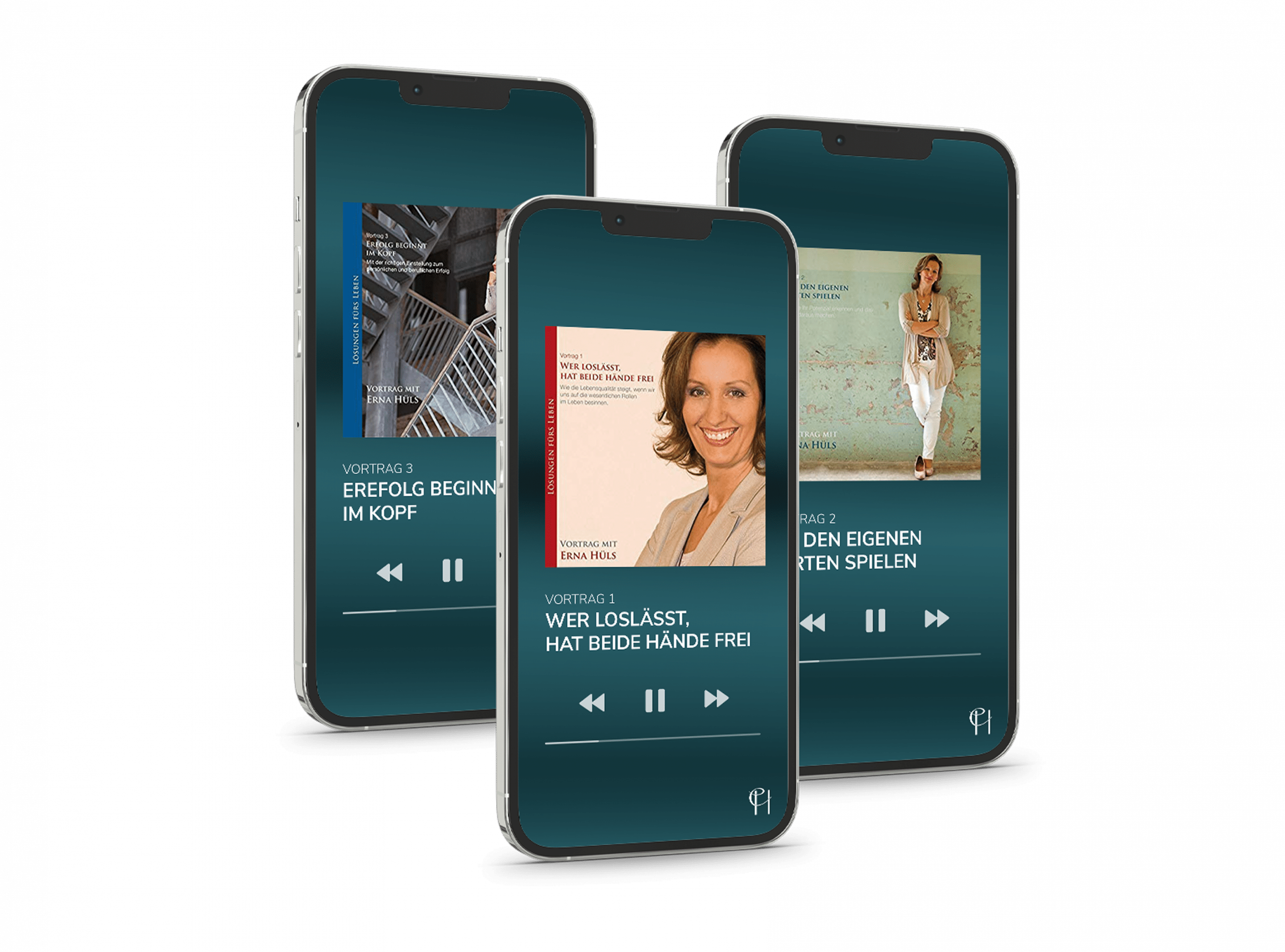 Ein MockUp / Simulation drei iPhones mit den 3 Hörbüchern von Erna Hüls