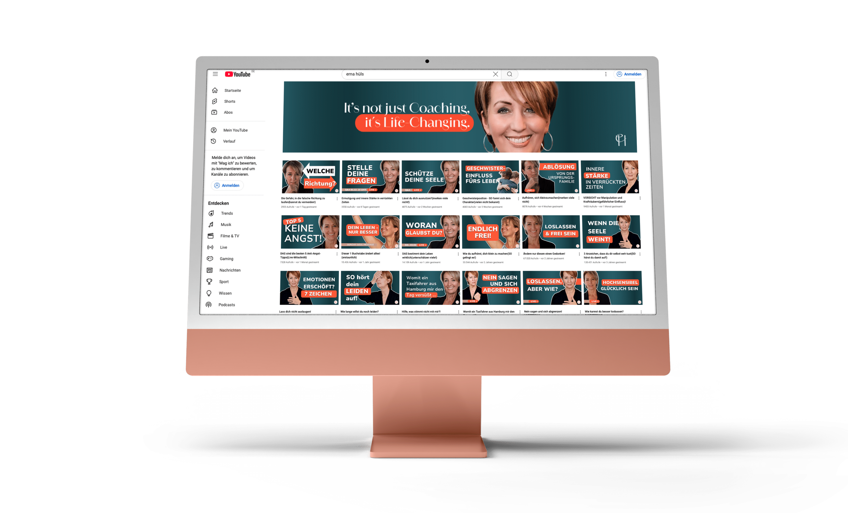 MockUp oder auch Simulation eines iMacs mit dem abgebildeten YouTube-Channel von Erna Hüls